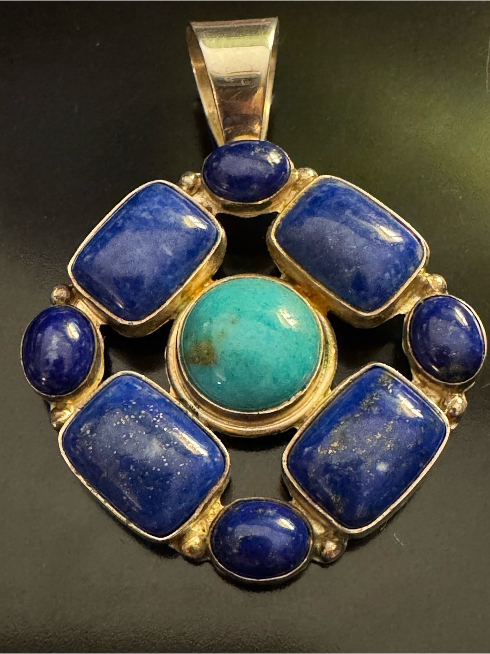 Large Sterling Silver Turquoise & Lapis Statement Pendant - 18.63g